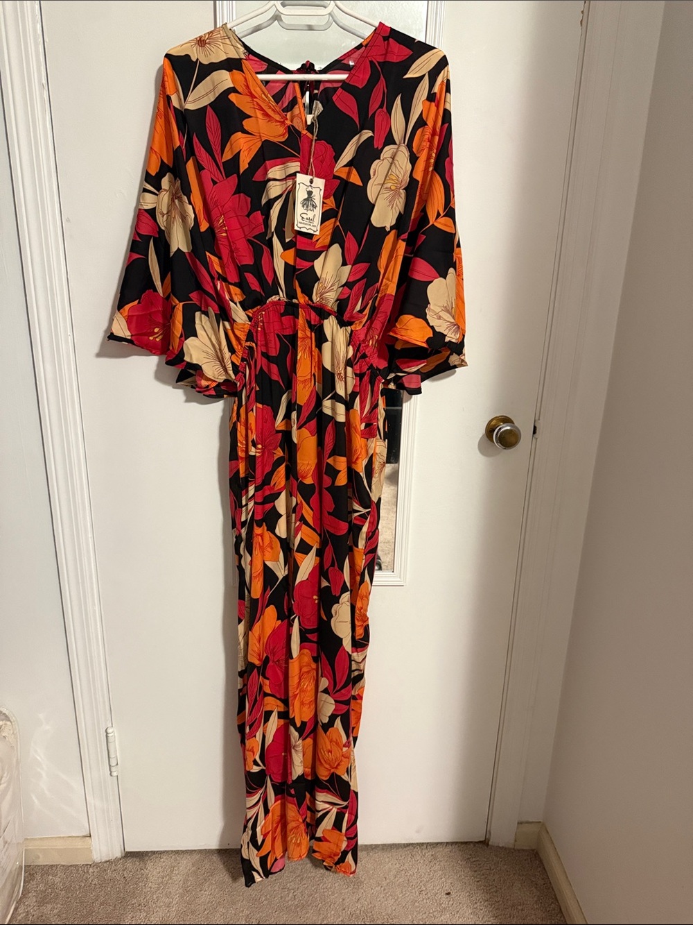 easel Black Wide-Leg Jumpsuit with Red, Orange & Cream Floral Print